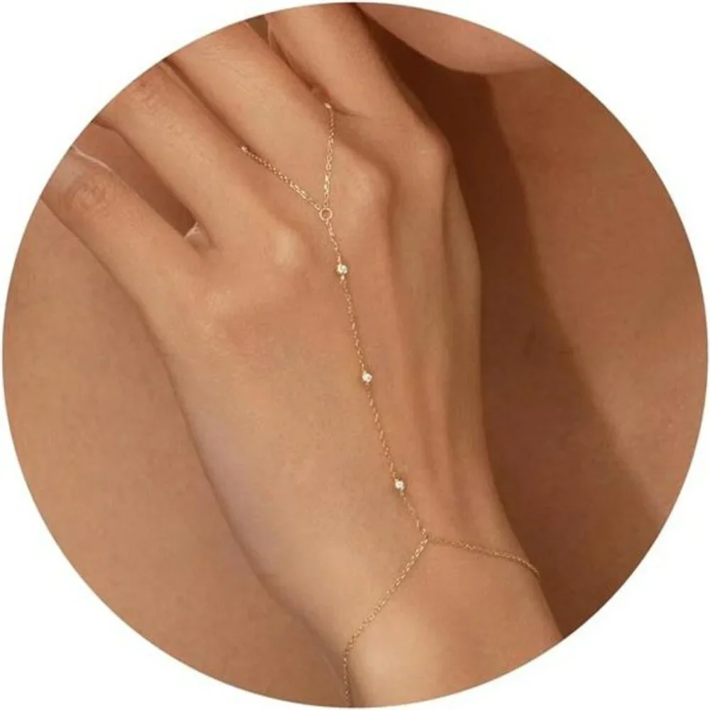 Gold hand chain bracelet ring slave cuff dainty 14k gold plated cubic zircon jew